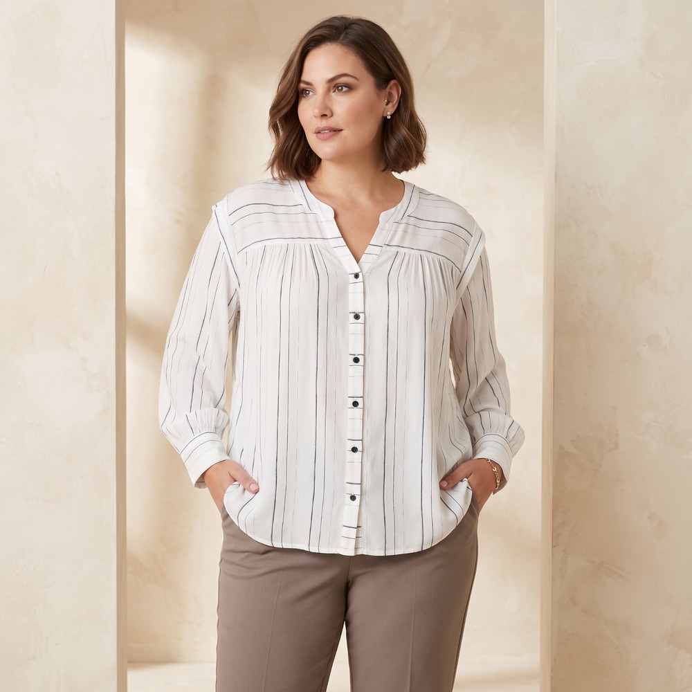 Ana Blue White Striped V-Neck Top Relaxed Flowy Office Casual Parisian Preppy 3X